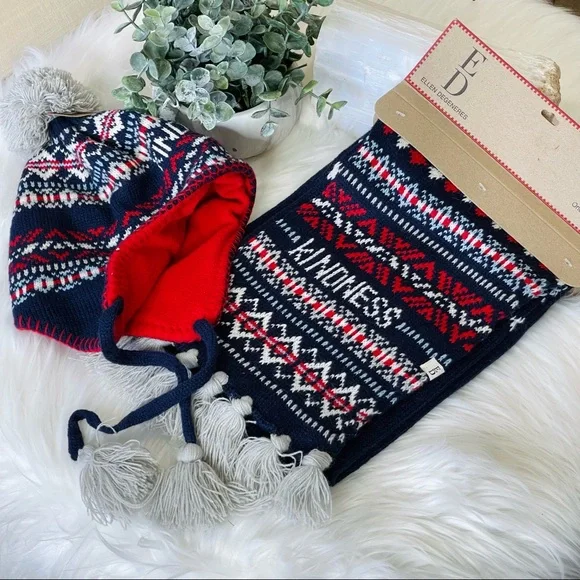 ♥️ELLEN DENGENERES hat and scarf fringe Pom Pom SET KINDNESS Navy Red Set - Picture 8 of 10
